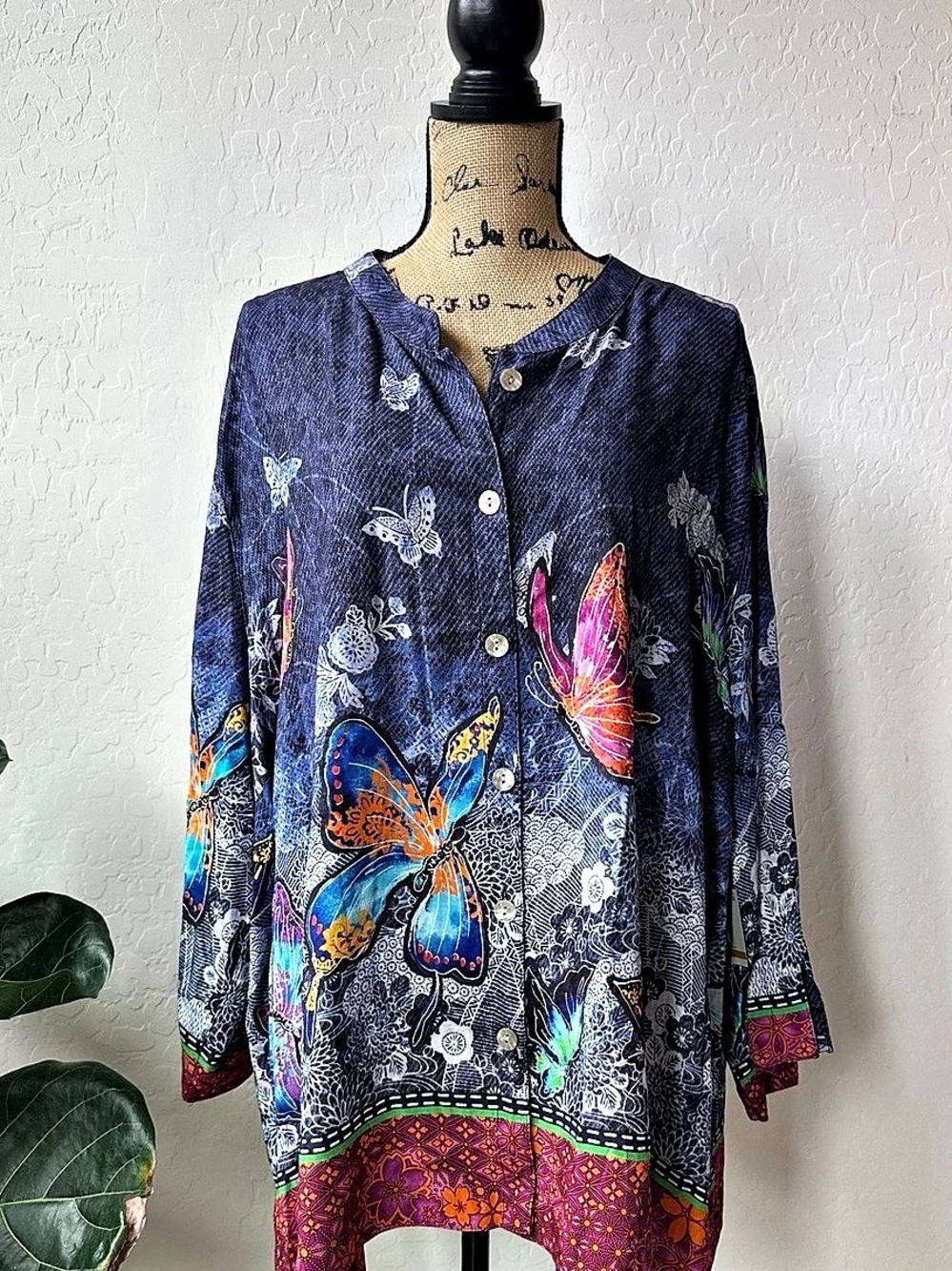 John Mark Blue Skies Butterfly 3/4 Sleeve Blue & Purple Tunic Size 3X